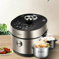 Midea electric pressure cooker with food on a wooden table