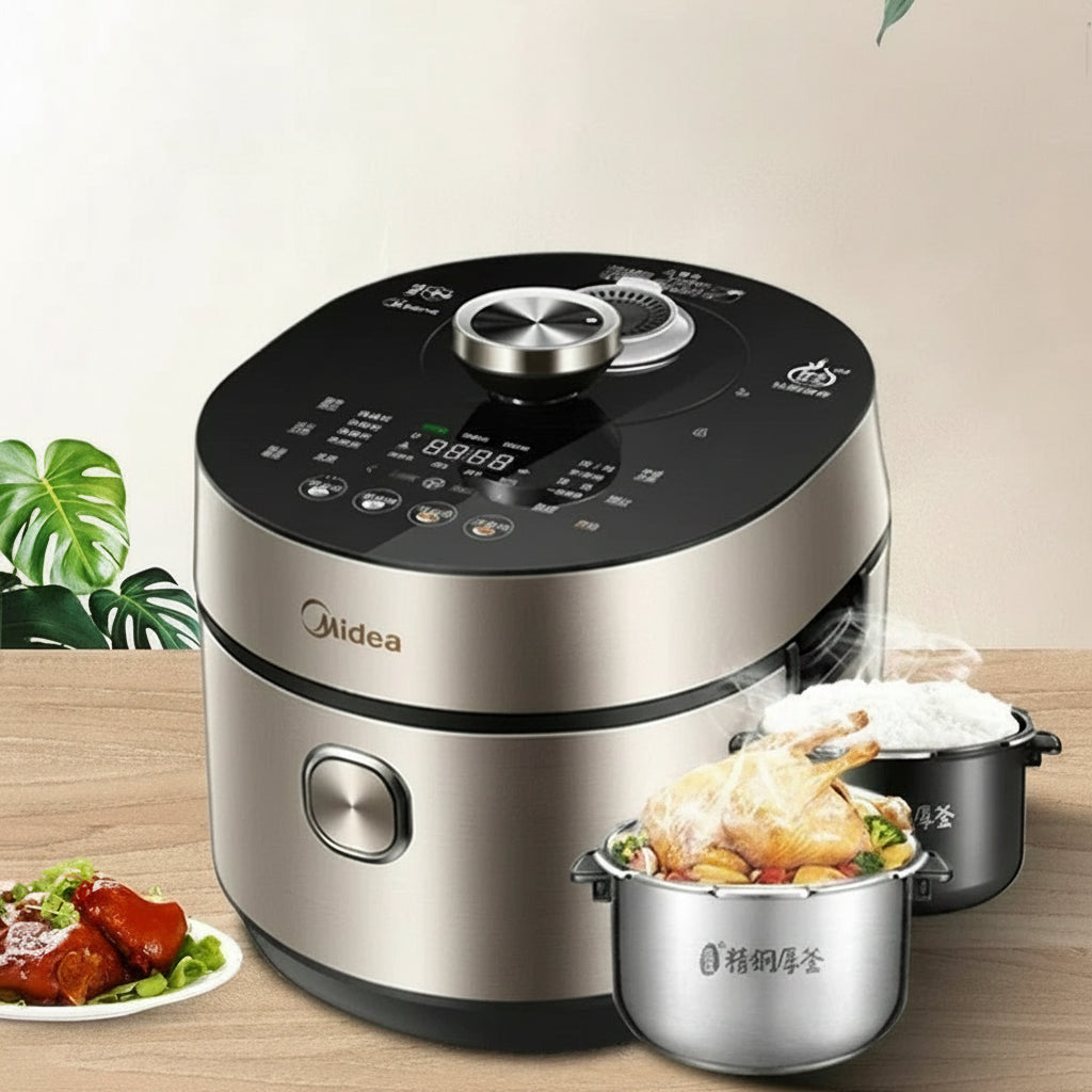 Midea electric pressure cooker with food on a wooden table